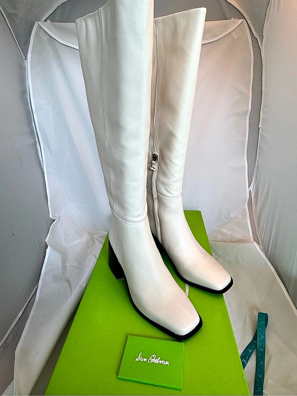 New! Sam Edelman Wide Calf Leather Block Heel Boots in White Size US 8.5